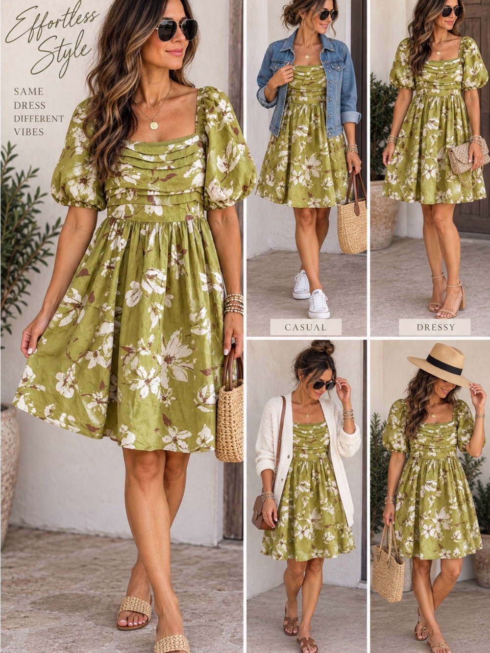 Blu pepper Olive Green Floral Puff-Sleeve Sundress